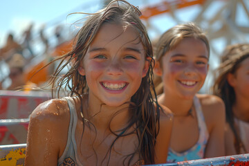 Kids Smiling on Amusement Park Rides in Vibrant Art Style, To convey a sense of excitement, joy, and summer fun for advertising and marketing