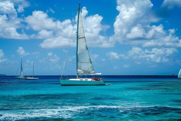 Naklejka premium Sailboats elegantly navigating the vast open waters of the ocean under clear skies