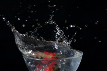 Fraise que tombe dans un bol d'eau et éclabousse