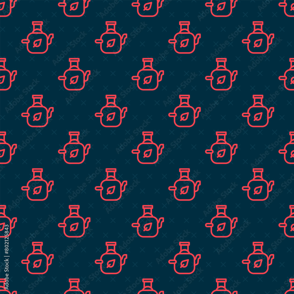 Poster red line teapot with leaf icon isolated seamless pattern on black background. vector