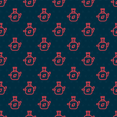 Red line Teapot with leaf icon isolated seamless pattern on black background. Vector