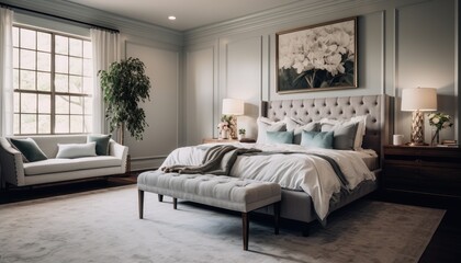 A serene master bedroom featuring a large bed and a chair, showcasing elegant decor and a...