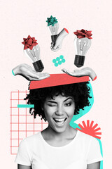 Vertical photo collage young cheerful woman idea invention smart solution concept eureka lightbulb...