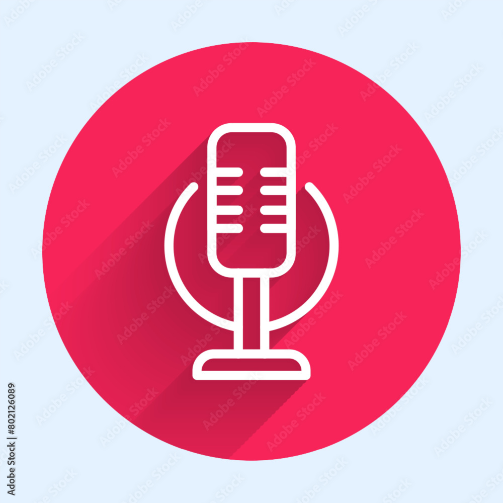 Poster white line microphone icon isolated with long shadow background. on air radio mic microphone. speake
