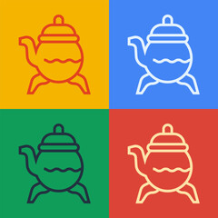 Pop art line Classic teapot icon isolated on color background. Vector