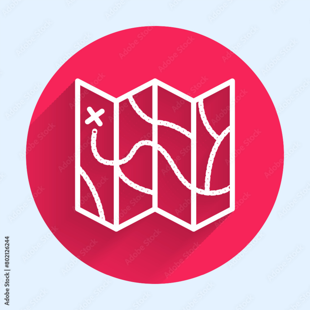 Poster white line folded map icon isolated with long shadow background. red circle button. vector