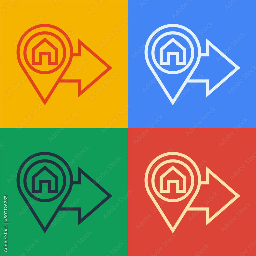 Poster pop art line map pointer with house icon isolated on color background. home location marker symbol. 