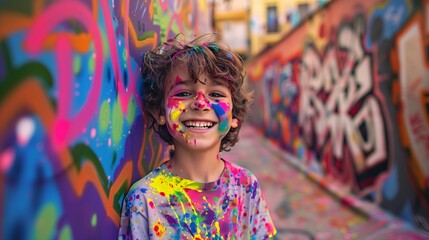 A child with a mischievous grin, covered in colorful paint splatters, standing against a...