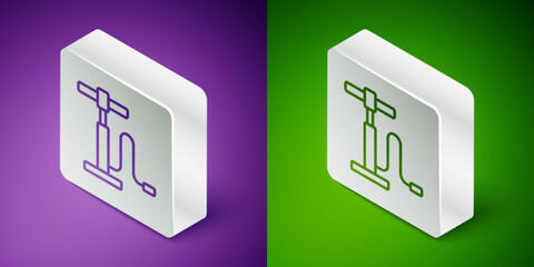 Isometric line Car air pump icon isolated on purple and green background. Silver square button. Vector