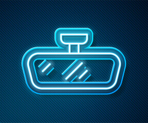 Glowing neon line Car mirror icon isolated on blue background. Vector