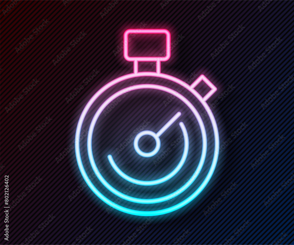 Poster glowing neon line stopwatch icon isolated on black background. time timer sign. chronometer sign. ve