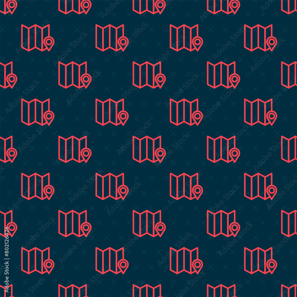 Poster red line folded map with location marker icon isolated seamless pattern on black background. vector
