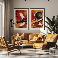 The two paintings on the wall are of airplanes and a moon. The room is decorated with a brown couch, a coffee table, and a potted plant