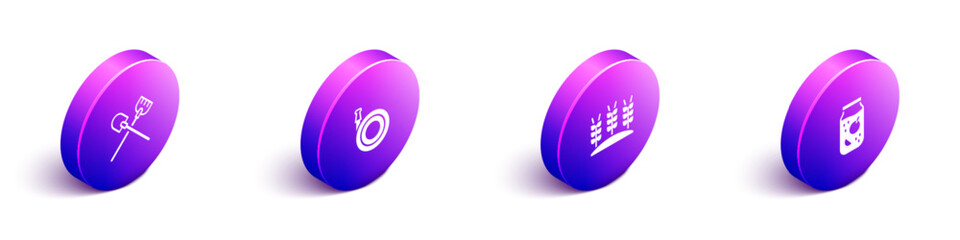 Set Isometric Shovel, Garden hose, Wheat and Jam jar icon. Vector