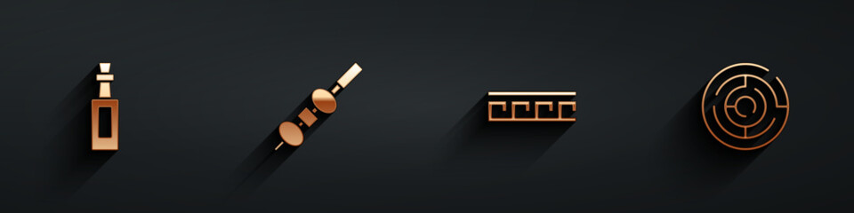 Set Bottle of olive oil, Olive and cheese on chopstick, Ancient Greek pattern and Minotaur labyrinth icon with long shadow. Vector