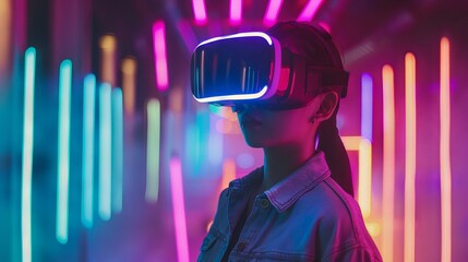 Asian Woman Using VR Headset in Colorful Neon Lights, Immersive Virtual Reality Experience with Smartphone on Dark Background