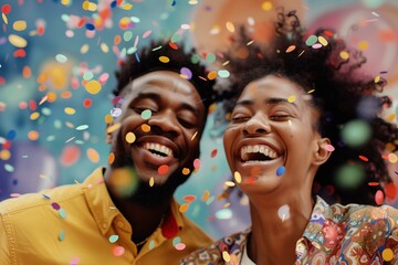 smiling diverse couple in casual clothes studio shot with a bit of confetti