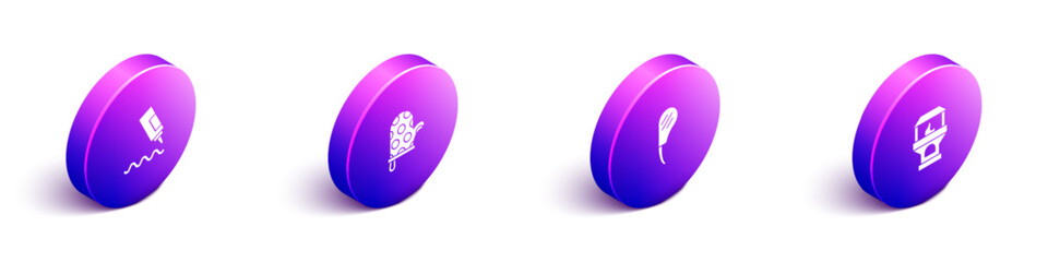 Obraz premium Set Isometric Sauce bottle, Oven glove, Rib eye steak and Brick stove icon. Vector