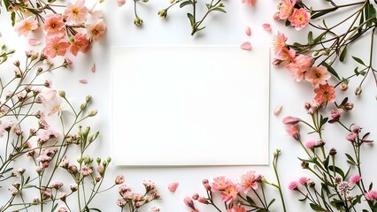 Top view of blank card with abstract organic flowers on white background. Concept Photography, Flat Lay, Greeting Card, Flowers, Minimalistic