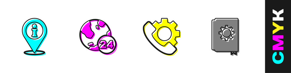 Set Location with information, Telephone 24 hours support, and User manual icon. Vector