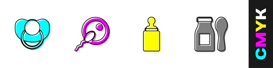 Set Baby dummy pacifier, Sperm, bottle and Yogurt in with spoon icon. Vector
