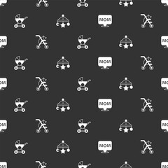 Set Speech bubble mom, Baby stroller, and crib hanging toys on seamless pattern. Vector