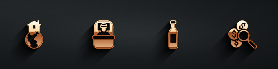 Set Shelter for homeless, Sleeping bag, Bottle of water and Search money icon with long shadow. Vector