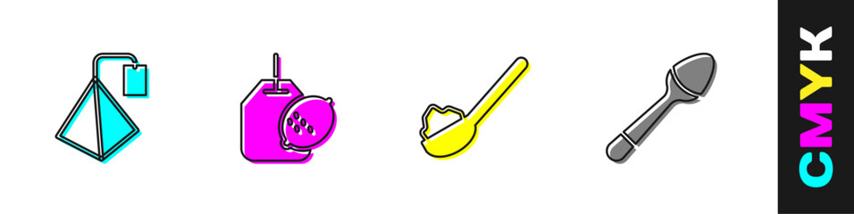 Set Tea bag, with lemon, Spoon sugar and Teaspoon icon. Vector