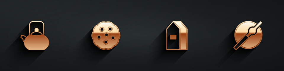 Set Kettle with handle, Cookie or biscuit, Paper package for milk and Cigarette icon with long shadow. Vector