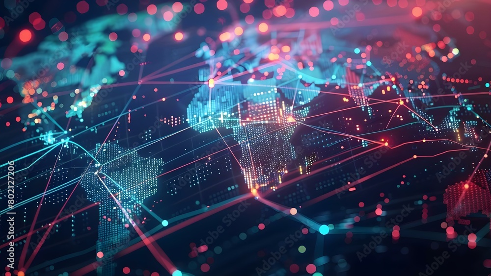 Poster technologyenhanced global map design with pixelated elements for digital networking visualization. c