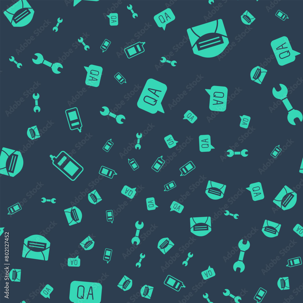 Aufkleber set question and answer, mail e-mail, mobile phone and wrench spanner on seamless pattern. vector