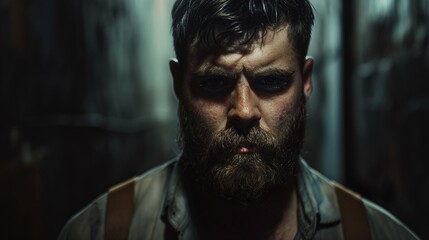 Fototapeta premium A man with a rugged beard and intense stare, framed by shadows in a dimly lit alley.
