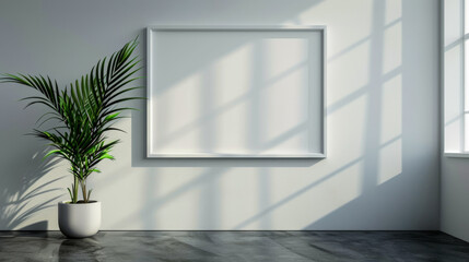 A white framed picture hangs on a wall next to a potted plant. The room is empty and the white frame contrasts with the green plant