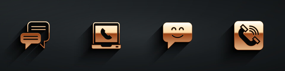 Set Speech bubble chat, Telephone 24 hours support, Smile face and handset icon with long shadow. Vector