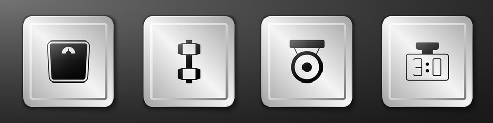 Set Bathroom scales, Dumbbell, Boxing gong and Sport mechanical scoreboard icon. Silver square button. Vector