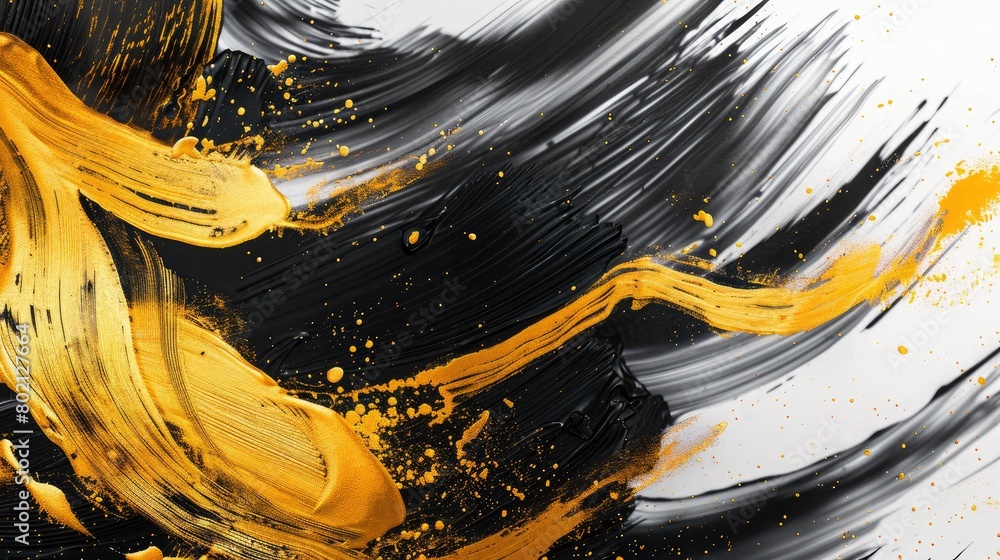 Poster abstract art composition with bold black strokes and golden accents, creating a striking visual stat