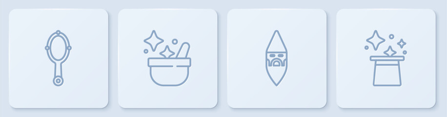 Set line Magic hand mirror, Wizard warlock, Witch cauldron and hat. White square button. Vector