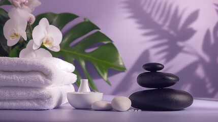 Serene Spa Setting With Orchids and Towels on a Purple Background