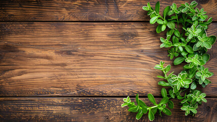 A wooden background with green leaves on it