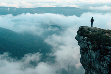 A man stands on a rocky cliff overlooking a mountain range