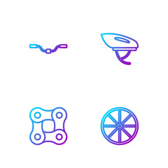 Set line Bicycle wheel, chain, handlebar and helmet. Gradient color icons. Vector