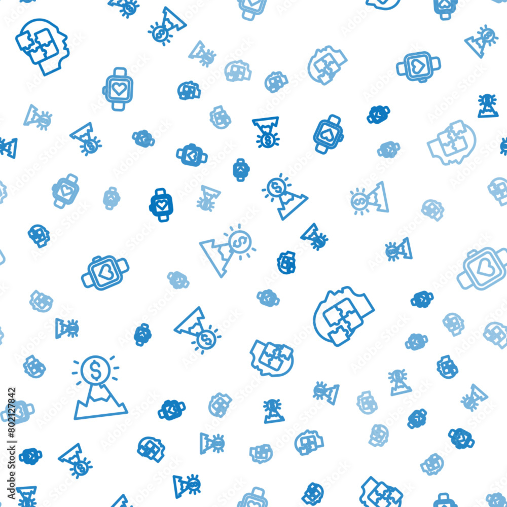 Poster set line mountains with flag, head puzzles strategy and smart watch on seamless pattern. vector