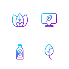 Set line Leaf or leaves, Essential oil bottle, and Vegan food diet. Gradient color icons. Vector