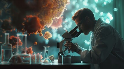 A scientist, lost in thought, peering through a microscope at the wonders of the microscopic world.