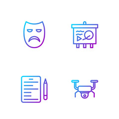 Set line Drone flying, Scenario, Drama theatrical mask and chalkboard. Gradient color icons. Vector