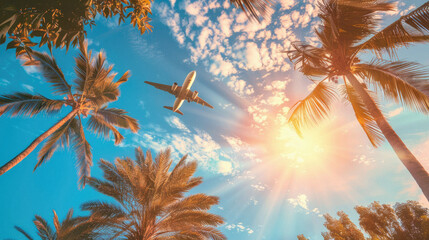 A plane is flying over a tropical forest with palm trees
