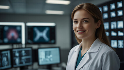 female doctor looking at x ray Cross-Disciplinary Excellence Female Doctor Leading in High-Tech Lab