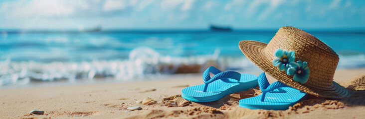 A pair of flip flops and a straw hat are on the beach - Powered by Adobe