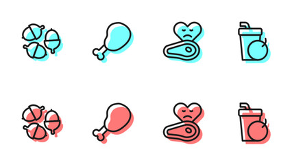 Set line Steak meat, Acorn, Chicken leg and Fresh smoothie icon. Vector