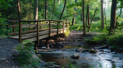 Charming footbridge crafted from timber, crossing over a meandering creek in a serene forest setting.